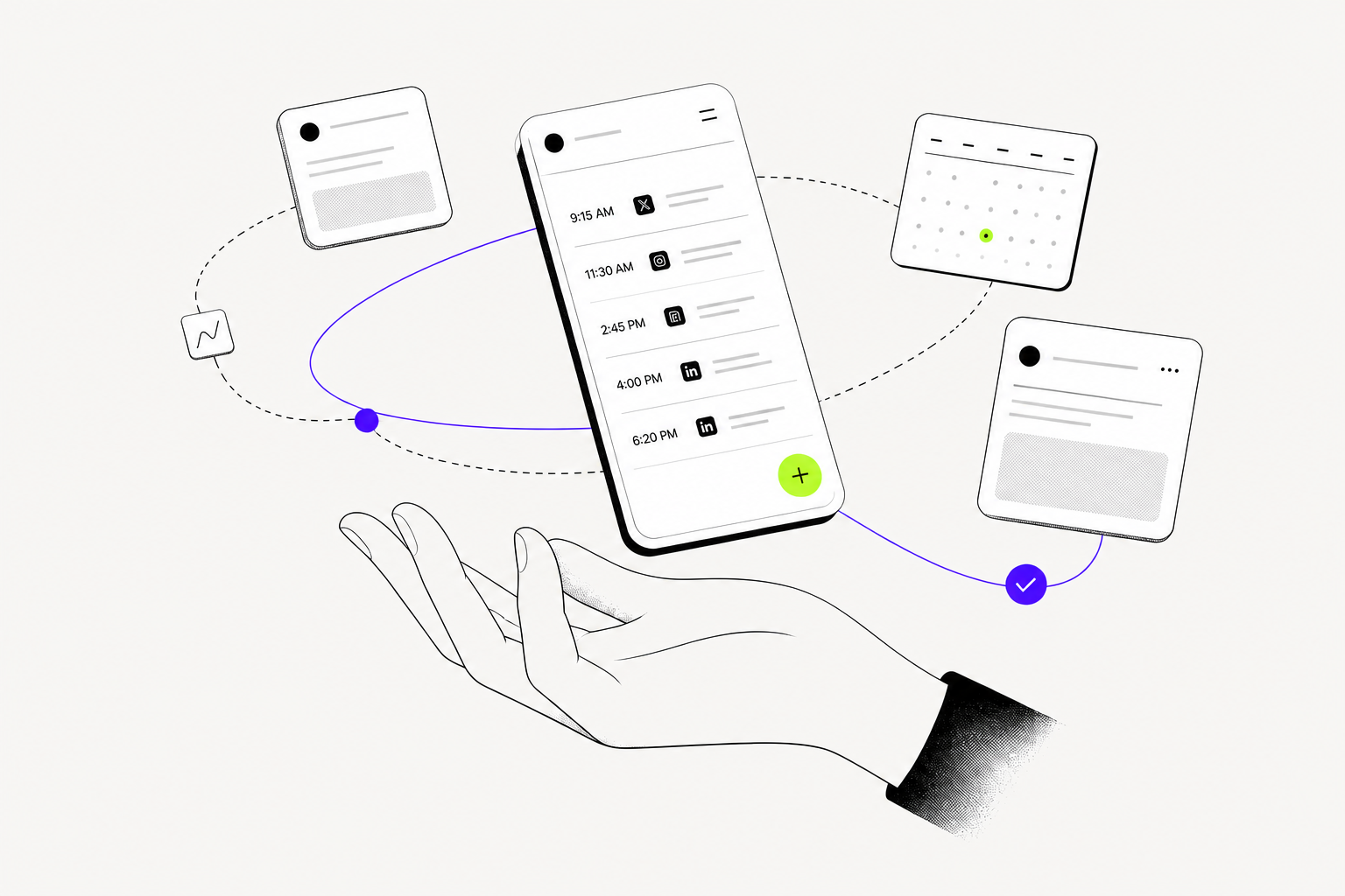 Line illustration of a hand guiding a publishing workspace with a calendar and connected channels