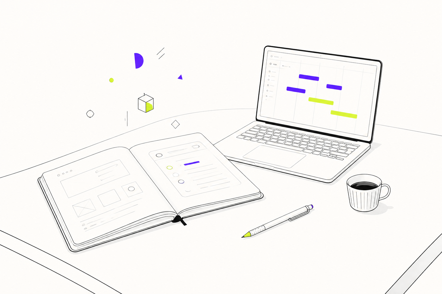 Editorial line illustration of a software studio workbench with a sketchbook, laptop, pen, and coffee